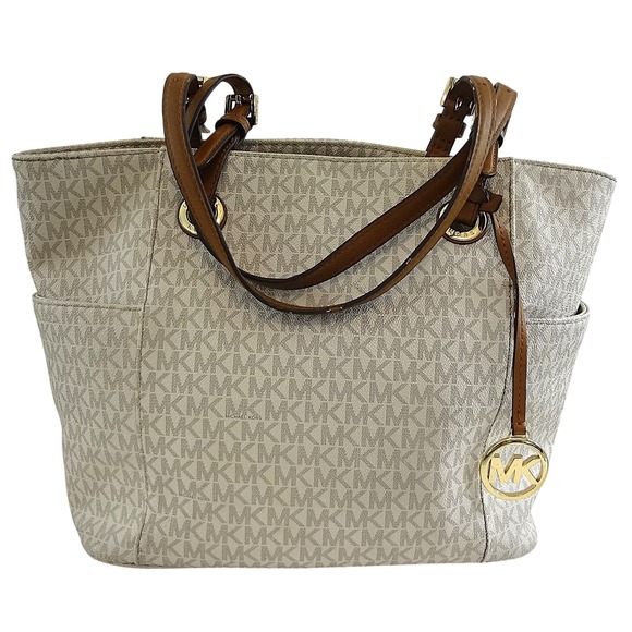 Michael Kors Jet Set Sm Satchel Crossbody Signature Coated Canvas-Vanilla Brown - Picture 1 of 16